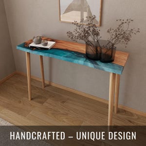 Artistic Live Edge Table | Wooden Narrow Console Table With Blue Epoxy | Unique Home Decor For Living Room, Entryway, Modern Interior Design
