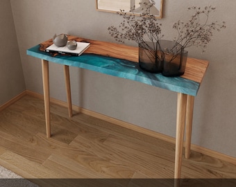 Artistic Live Edge Table | Wooden Narrow Console Table With Blue Epoxy | Unique Home Decor For Living Room, Entryway, Modern Interior Design
