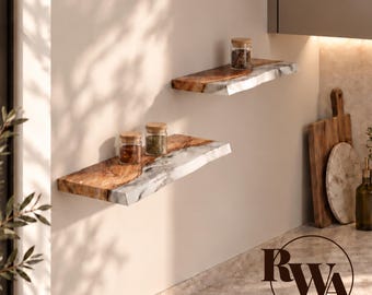 Wood & Arcanid Stone Shelf with Live Edge - minimalist set of small floating shelves for kitchen accent decor
