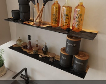 Unique floating shelves from black epoxy and wood – Custom shelves for kitchen, bar, pub. Storage organization shelves