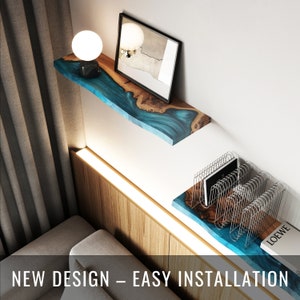 Handcrafted Sky Blue Epoxy Resin & Wood Bookshelf Decor – custom live edge floating shelves for home, unique home decor. Book lover gift