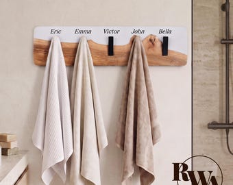 White Wall Mounted Custom Coat Rack for bathroom decor. Epoxy & wood personalized towel holder as new homeowner gift