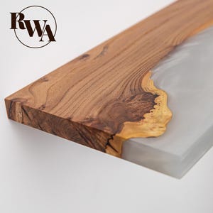 Artistic Epoxy & Live Edge Wood Wall Shelf – unique floating shelves for home, office, entryway decor. Custom size wooden shelf