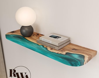 Sky Blue Rounded Shelf for accent wall decor - floating shelf made from solid wood & epoxy for apartment, farmhouse, lake house decor