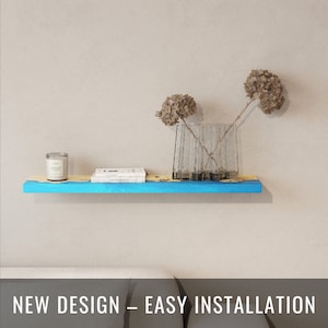 Sky Blue Live Edge Floating Shelf of epoxy resin & wood – shelf on wall for farmhouse, office or apartment decor. Housewarming new home gift