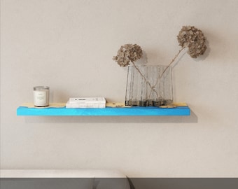 Sky Blue Live Edge Floating Shelf of epoxy resin & wood – shelf on wall for farmhouse, office or apartment decor. Housewarming new home gift