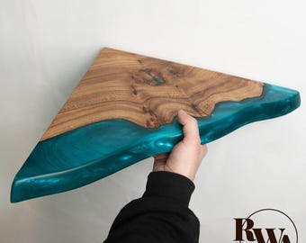 Blue Epoxy & Wood Live Edge Floating Corner Shelf for Apartment Decor