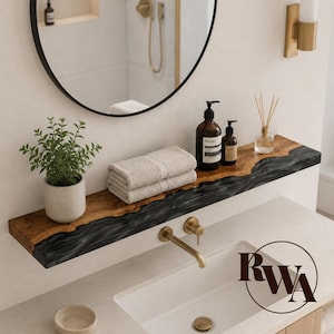 Modern Black Floating Shelf made of Epoxy & Solid Wood. Long bathroom wall shelves as unique gift idea for new home