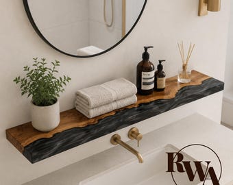 Modern Black Floating Shelf made of Epoxy & Solid Wood. Long bathroom wall shelves as unique gift idea for new home