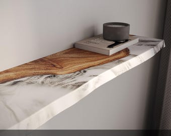 Minimalist Arcanid Stone Shelf with Solid Wood - live edge shelf for bathroom, countertop kitchen shelf, display shelf. Home renovation gift