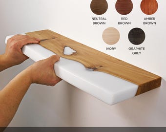White live edge shelf on wall for decor – floating shelves made of wood and epoxy resin for the kitchen and home bar