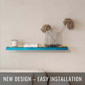 Sky Blue Epoxy & Wood Floating Shelf – customized minimalist wooden shelves for apartment decor as a housewarming gift for home improvement