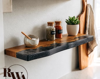 Live Edge Wood Shelf with Black Arcanid Stone - long wall mounted floating shelves for kitchen, above the countertop