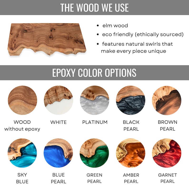 Puede incluir: Una tabla rectangular de madera de olmo con vetas naturales y borde irregular. Debajo, diez muestras circulares muestran opciones de color epoxi: blanco, platino, perla negra, perla marr&oacute;n, azul cielo, perla azul, perla verde, perla &aacute;mbar y perla granate.