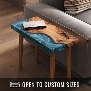 Wood Sofa Table | Blue Epoxy & Wood Live Edge Table Top | Mid Century End Table | Wood And Metal End Table Legs | Minimalist Wood Side Table