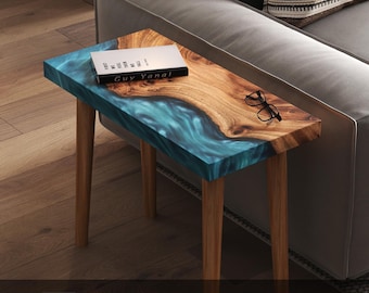 Wood Sofa Table | Blue Epoxy & Wood Live Edge Table Top | Mid Century End Table | Wood And Metal End Table Legs | Minimalist Wood Side Table