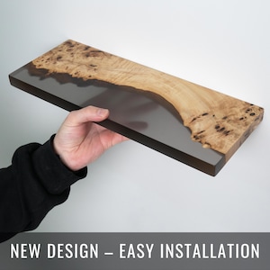 Artistic Transparent Epoxy & Wood Floating Shelf - minimalist wall accent display shelves for apartment, office. Clear bookshelf decor