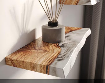 Unique Wood Shelf with Arcanid Stone - unique live edge floating shelves. Minimalist modern wall shelves for apartment decor