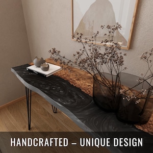 Artistic Live Edge Console Table | Sturdy Elm Wood Table Top With Black Resin | Narrow Console Table For Modern Minimalist Apartment Decor