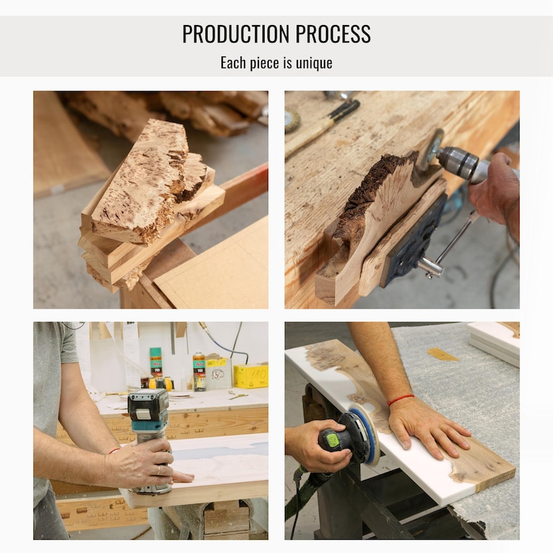 Puede incluir: Un collage de cuatro paneles titulado PRODUCTION PROCESS Each piece is unique que muestra pasos de carpinter&iacute;a. Las im&aacute;genes muestran losas de madera en bruto, una herramienta rotativa dando forma a un borde natural, una fresadora y una lijadora.