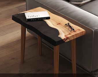 Unique Black Side Table | Small Coffee Table | End Table | Live edge table for bedroom, living room, entryway made of epoxy resin & wood