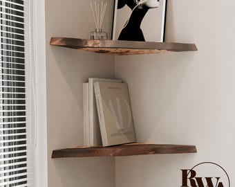 Authentic Floating Corner Shelf in Epoxy Resin and Wood, wall hanging shelves for space saving wall decor in living room, office, bathroom