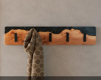 Black Wall Coat Hanger - live edge wood & epoxy coat rack with hooks on wall. Modern black coat rack for entryway, bathroom wall decor