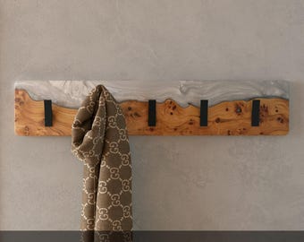 Handcrafted Wood Coat Rack with Epoxy Resin - Minimalist Decorative Hooks Rack. Silver wall rack for entryway, office, bathroom