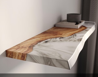 Unique Arcanid Stone Shelf with Wood - handcrafted floating shelves for bathroom. Live edge shelf on wall with hidden bracket