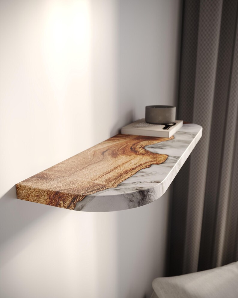 One Side Rounded Shelf Unique Rounded Shelf Made of Solid Wood & Arcanid Stone - Handcrafted ...