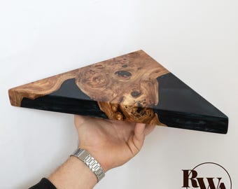 Minimalist Black Floating Corner Shelf made from live edge wood & epoxy for minimalist wall decor