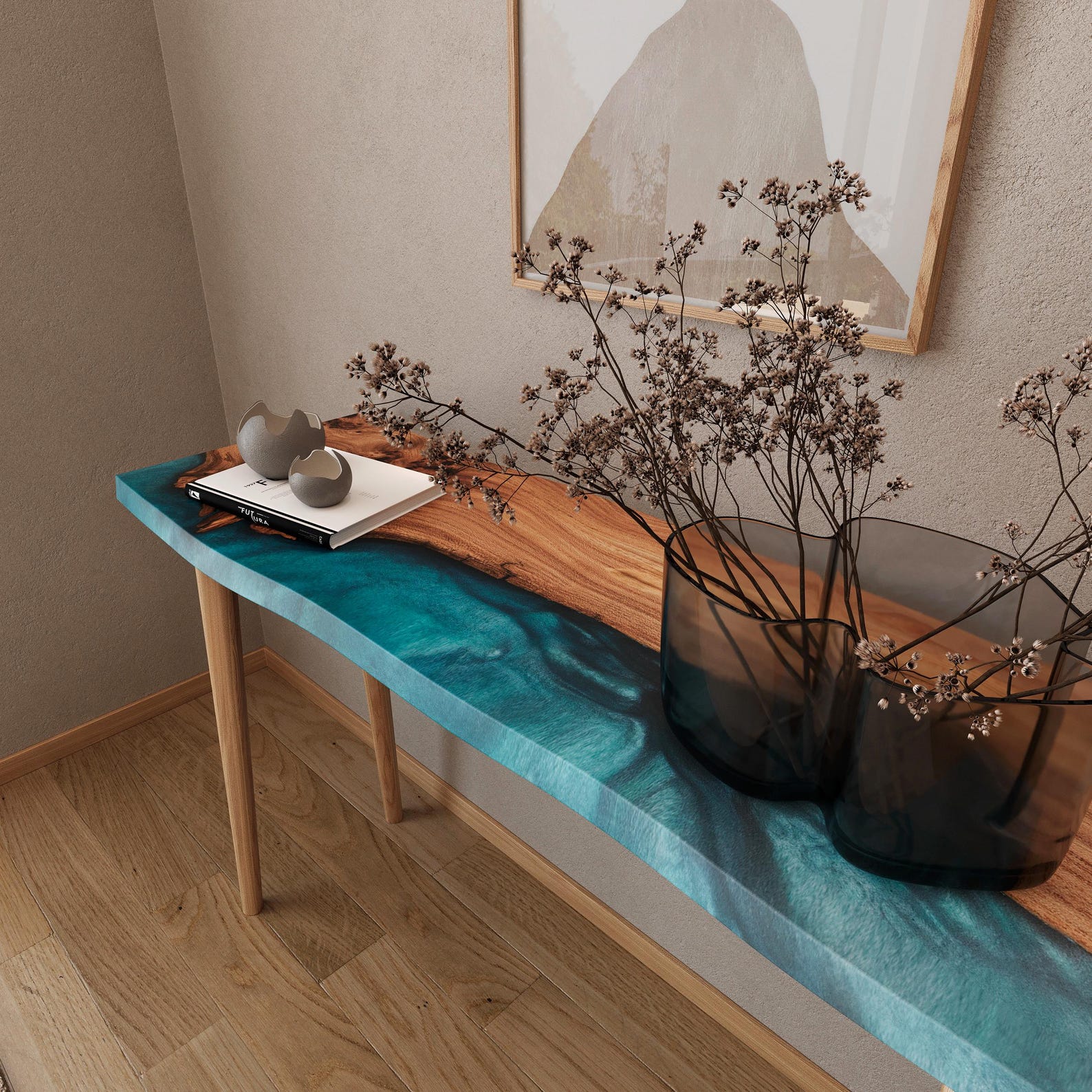 Artistic Live Edge Table | Wooden Narrow Console Table With Blue Epoxy ...