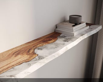 Modern Floating Shelf with Live Edge Wood & Arcanid Stone - minimalist wall shelves for living room and office wall decor
