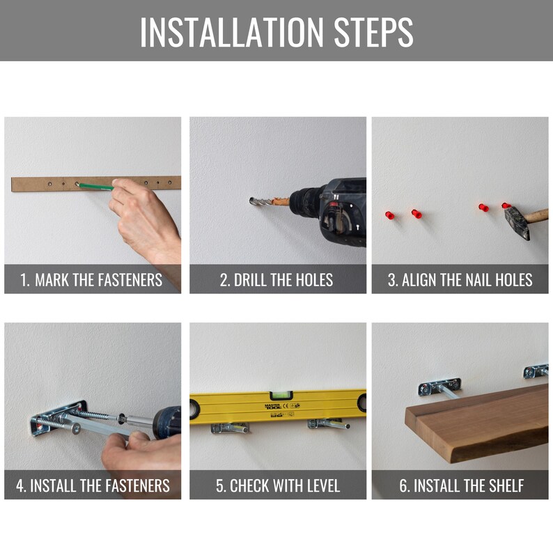 Puede incluir: Una gu&iacute;a de instrucciones de seis pasos titulada INSTALLATION STEPS que muestra el proceso de montaje de un estante de madera. Los pasos incluyen marcar las fijaciones, taladrar agujeros, insertar tacos, asegurar soportes y colocar el estante.