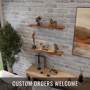 Amber live edge shelf on wall – floating shelves made of solid wood & epoxy resin for office and home decor, bar, library. Heavy duty shelf