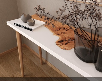Unique Narrow Console Table | White Resin Table Top With Elm Wood | Handmade Furniture For Cozy Home And Office | Minimalist Live Edge Table