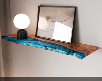 Live Edge Floating Shelf of epoxy resin & wood – custom wooden shelves for kitchen, bar or bedroom