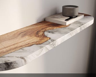 Unique Rounded Marble Shelf made of arcanid & wood - floating shelf for apartment decor, office, spa salon. Countertop shelf, wall shelf