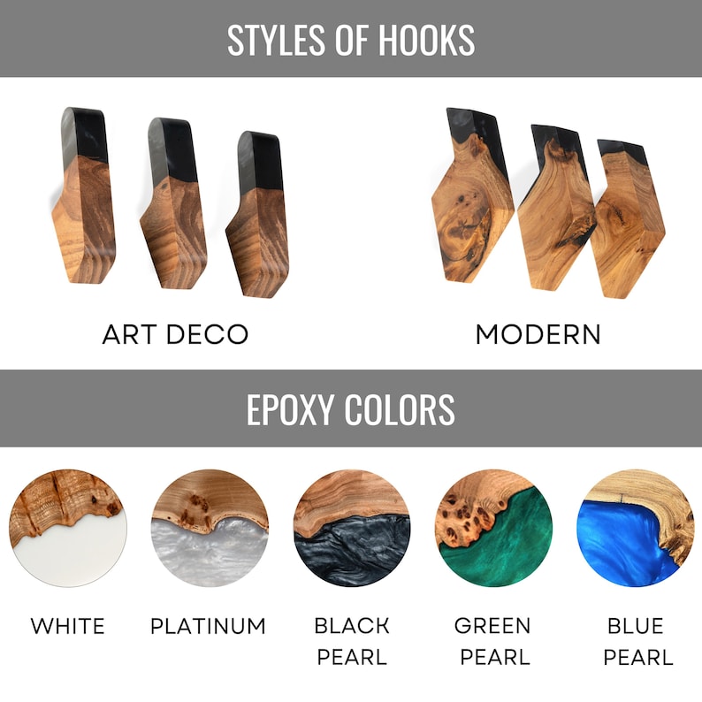 Op de afbeelding: Afbeelding van houten haken in "Art Deco" en "Modern" stijlen, met epoxyhars accenten. De epoxykleuren zijn wit, platina, zwarte parel, groene parel en blauwe parel. De tekst luidt "STYLES OF HOOKS" en "EPOXY COLORS".
