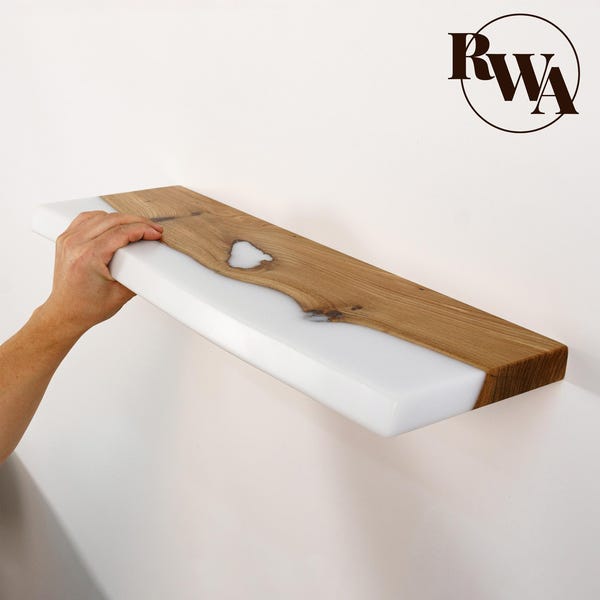 White live edge shelf on wall for decor – floating shelves made of wood & epoxy resin for kitchen and home bar. Home renovation wall decor