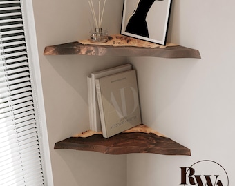 Brown Floating Corner Shelf made from Epoxy Resin and Live Edge Wood - small floating shelves for cozy home decor