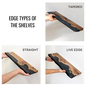 Puede incluir: Una imagen compuesta que muestra tres estantes de madera con detalles en resina negra, etiquetados como EDGE TYPES OF THE SHELVES. Las variaciones incluyen un borde c&oacute;nico, un borde recto y un borde natural, mostrando la veta de la madera.