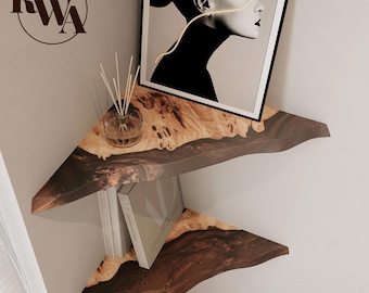 Brown Epoxy & Wood Corner Shelf | Custom floating shelves as housewarming unique gift | Corner plant stand | Wall wood shelf