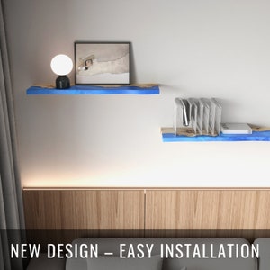 Modern Blue Epoxy & Wood Floating Shelf – custom wooden wall shelves for storage organization, home improvement, minimalist apartment decor