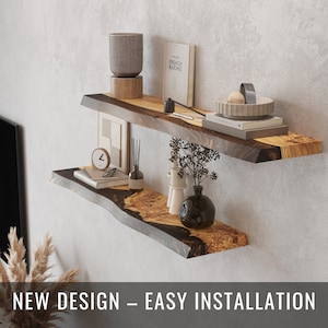 Natural Wood Floating Shelves with Epoxy resin – unique live edge shelves for kitchen, bar, bedroom, bathroom, nursery, kids room, hallway