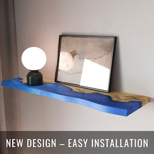 Blue Epoxy Resin & Wood Floating Shelf wall mounted – custom handcrafted wooden shelves for kitchen, bedroom, living room, library decor