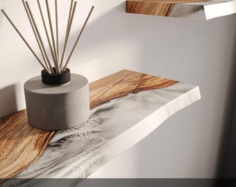 Small Live Edge Stone Shelf made from Arcanid & Solid Wood - wall hanging floating shelves with hidden bracket for modern living room decor