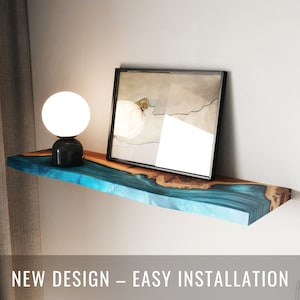 Live Edge Floating Shelf in epoxy resin & wood – custom wall shelf for kitchen, bar, bedroom, bathroom or nursery. Book lover gift