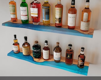 Blue floating shelves in epoxy & wood for pub, bar, kitchen decor. Whiskey display cabinet, liquor shelf, wine rack for kitchen counter