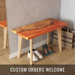 Modern Epoxy Resin & Wood Hallway Bench. Stylish Solid Wood Bench Seat. Apartment decor for living room, bedroom, bathroom, entryway